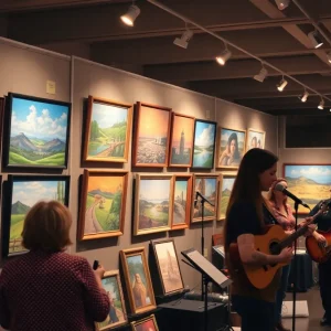 Art exhibit featuring various artworks and live music