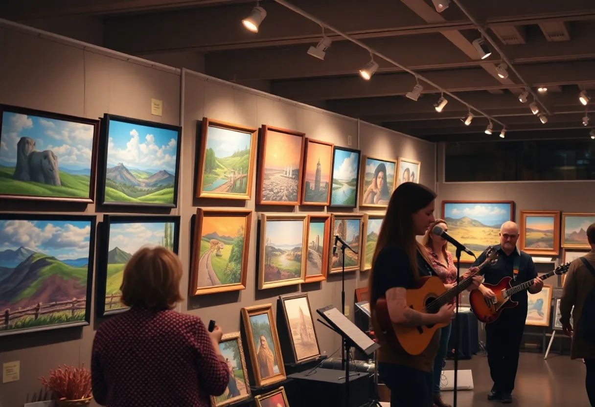 Art exhibit featuring various artworks and live music