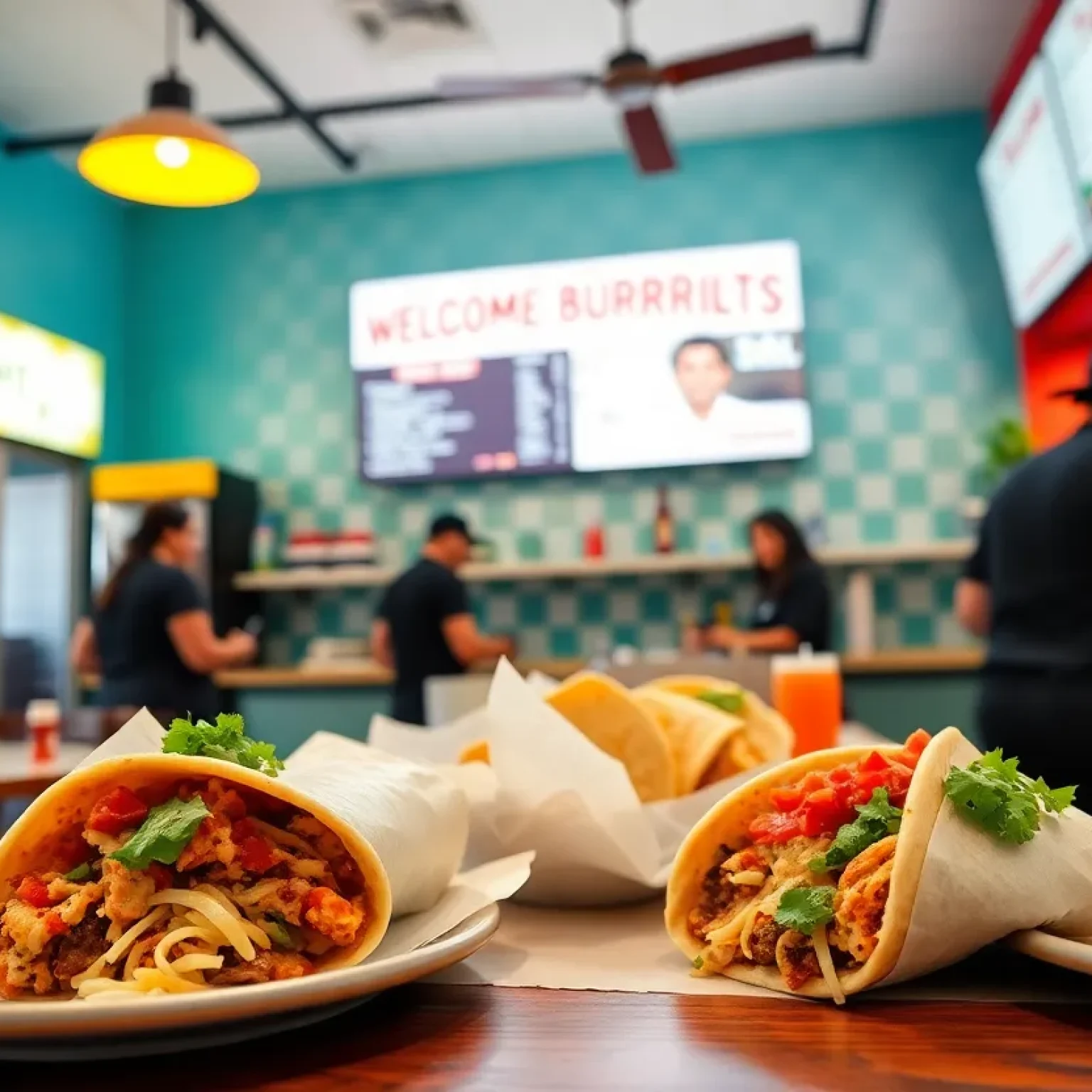 A lively scene of a Barberitos restaurant in Tampa with customers enjoying burritos.