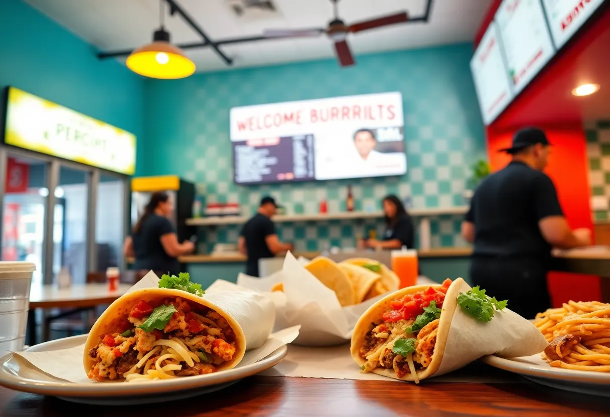 A lively scene of a Barberitos restaurant in Tampa with customers enjoying burritos.