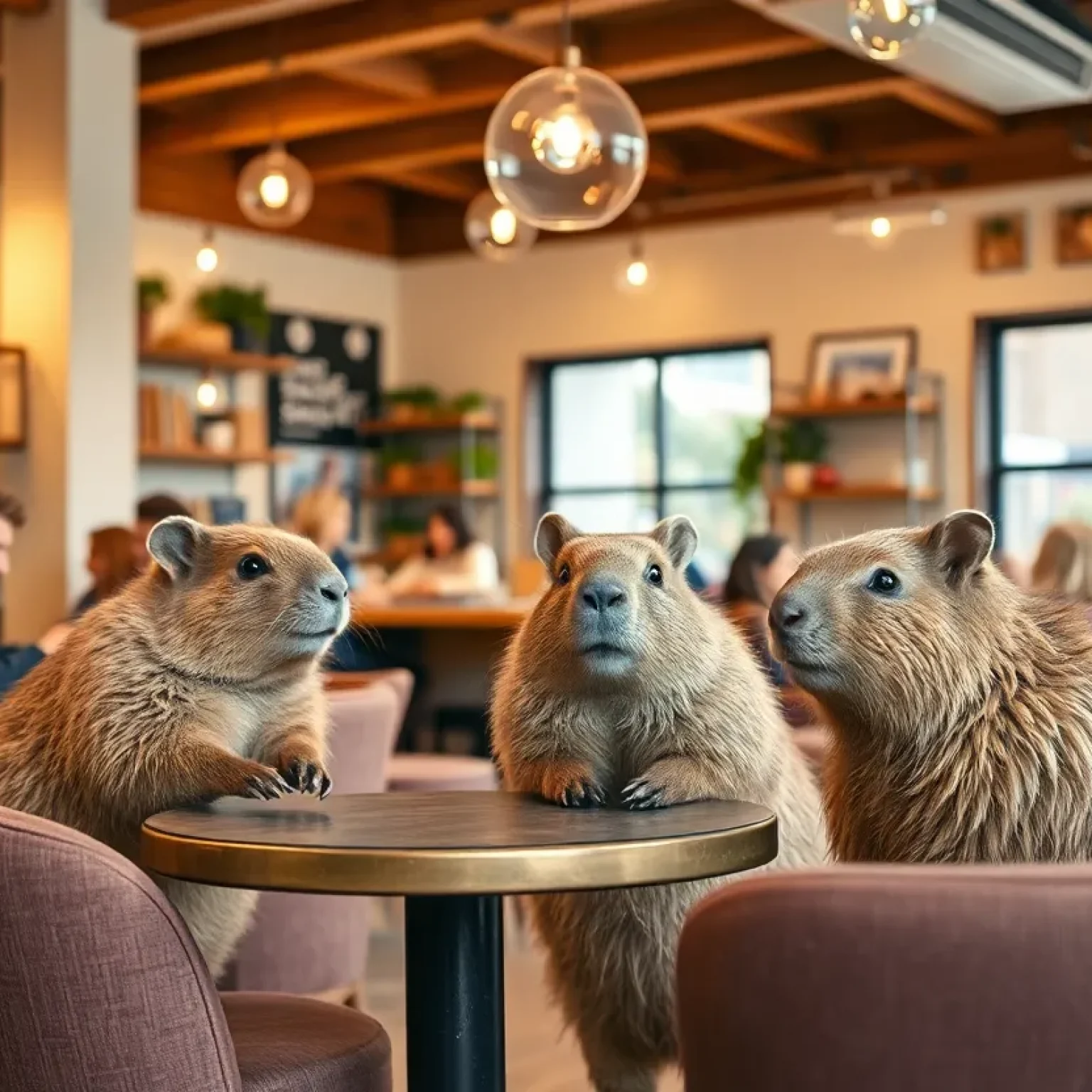 Visitors interacting with capybaras in a cozy café environment