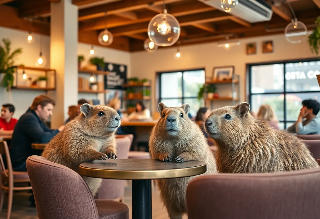 Visitors interacting with capybaras in a cozy café environment