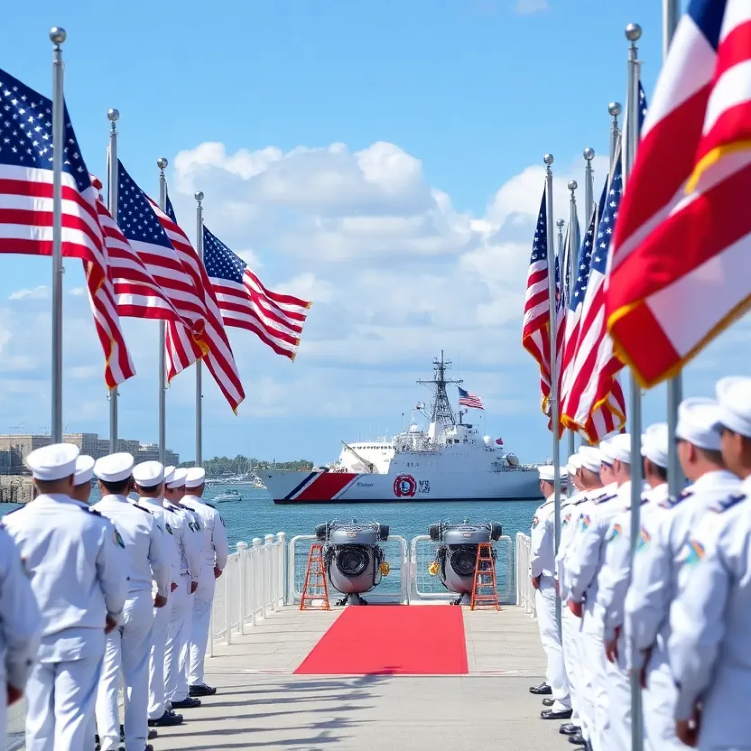 Ceremony at Port Tampa Bay with U.S. Coast Guard personnel and ships