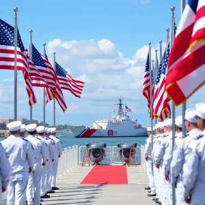 Ceremony at Port Tampa Bay with U.S. Coast Guard personnel and ships