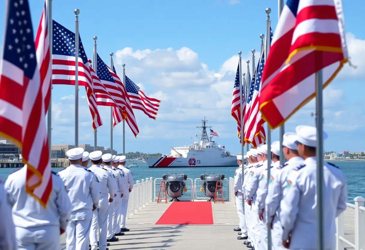 Ceremony at Port Tampa Bay with U.S. Coast Guard personnel and ships