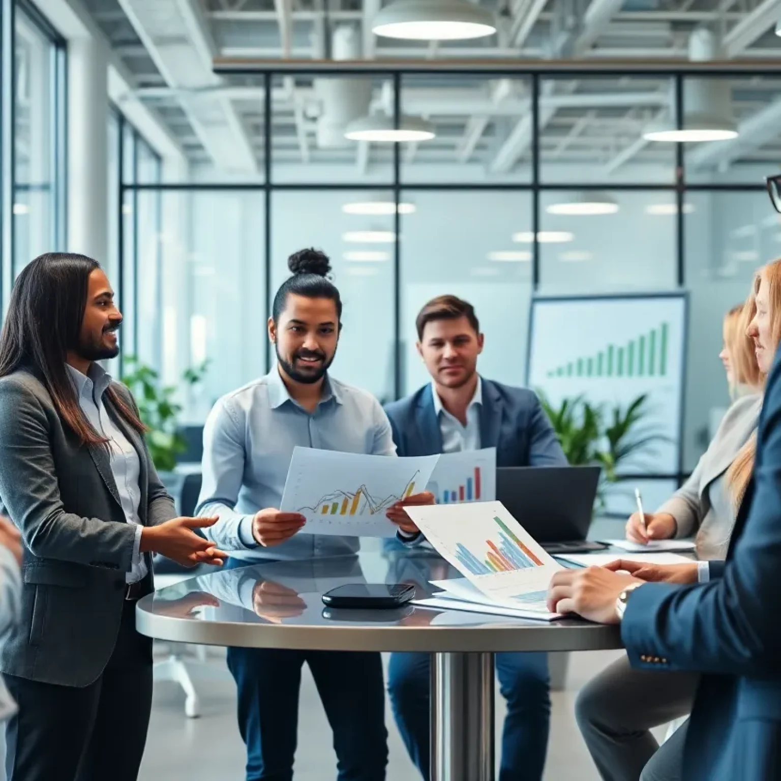 Diverse professionals discussing venture capital strategies in an office.