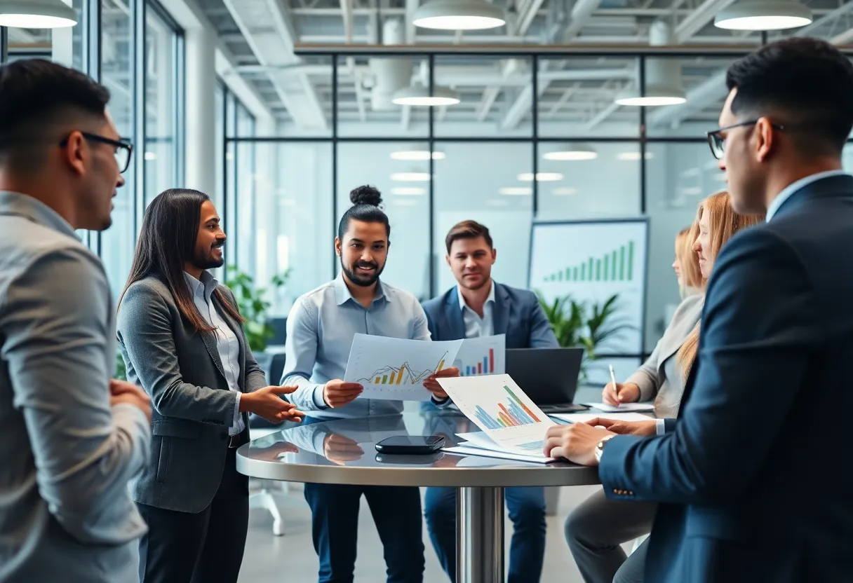 Diverse professionals discussing venture capital strategies in an office.