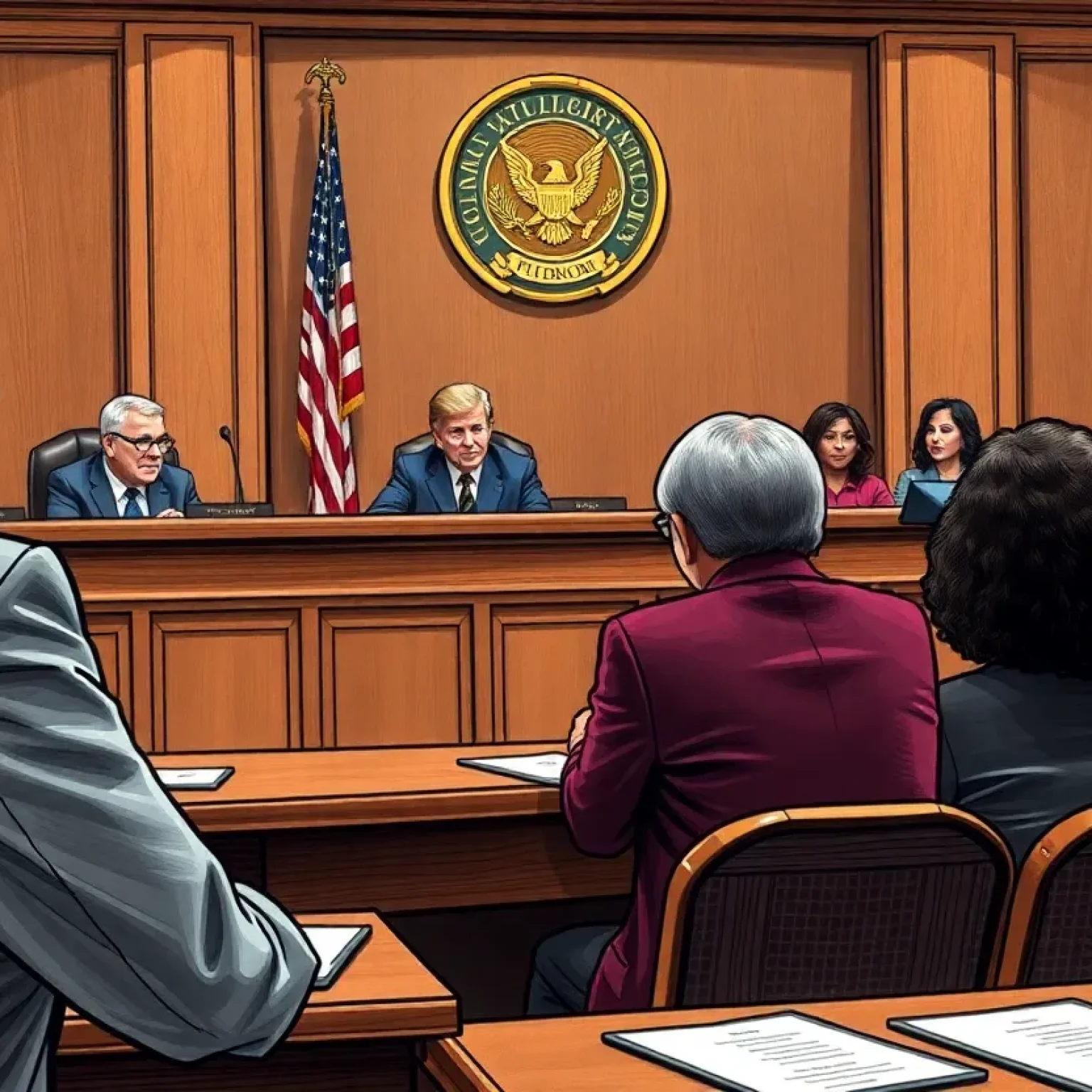 Judges in a courtroom assessing racial gerrymandering case