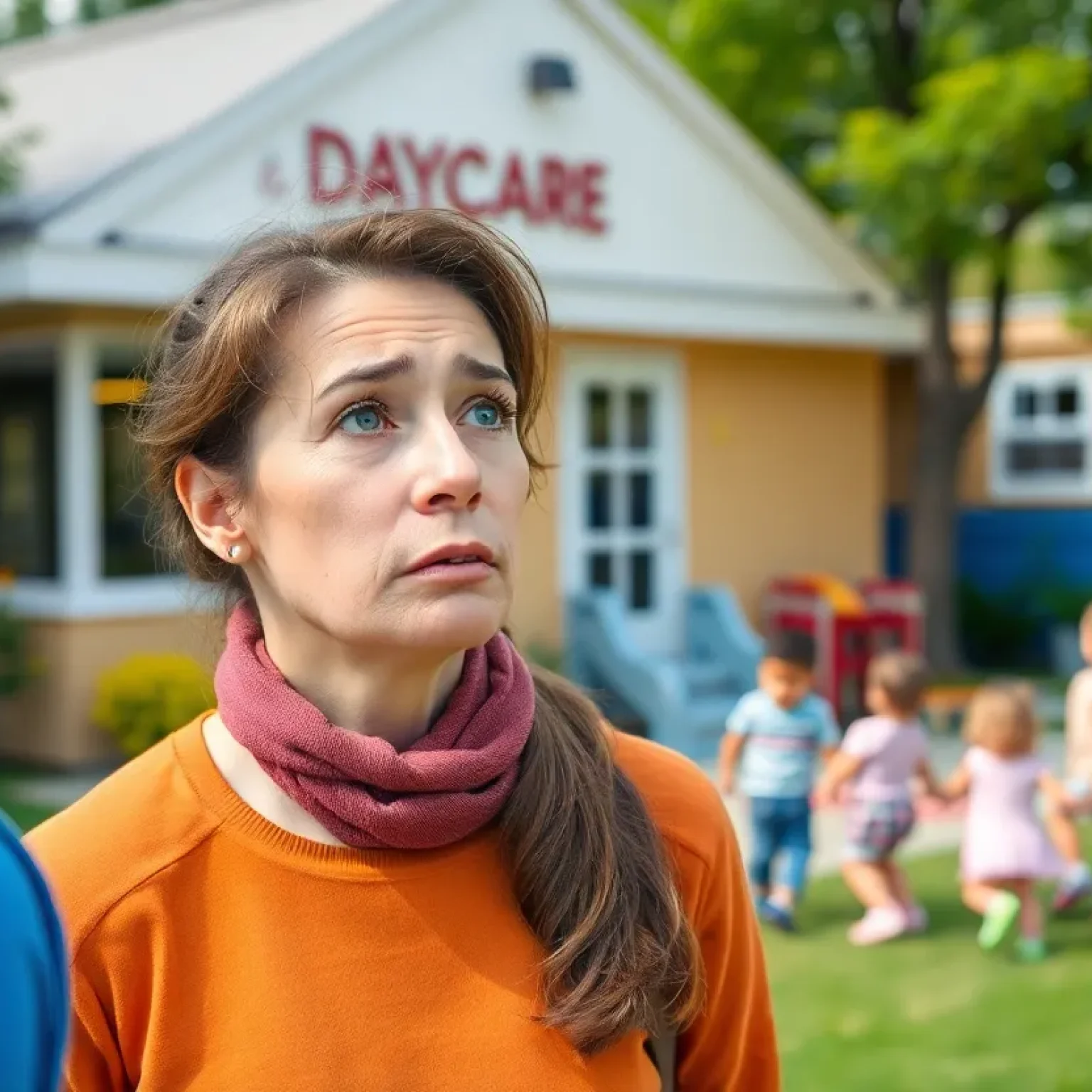 Parents concerned about daycare safety with children playing at an outdoor daycare.