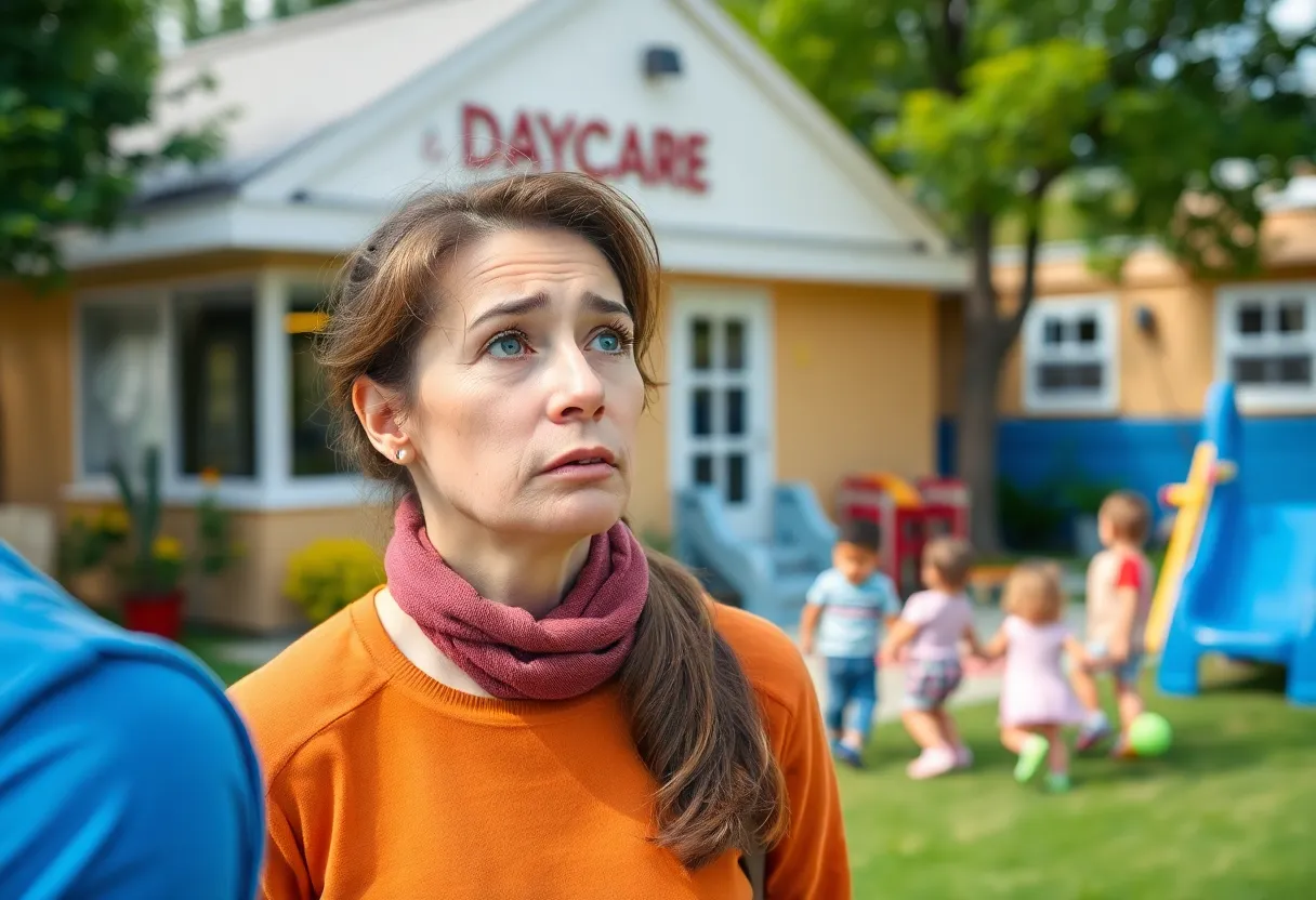 Parents concerned about daycare safety with children playing at an outdoor daycare.