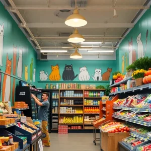 Interior view of Duckweed Urban Grocery showcasing playful cat murals and grocery shelves