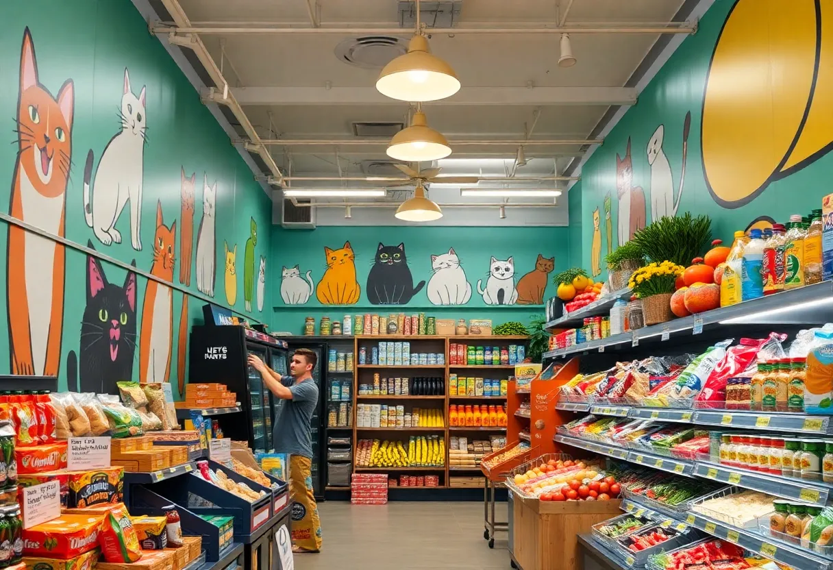 Interior view of Duckweed Urban Grocery showcasing playful cat murals and grocery shelves