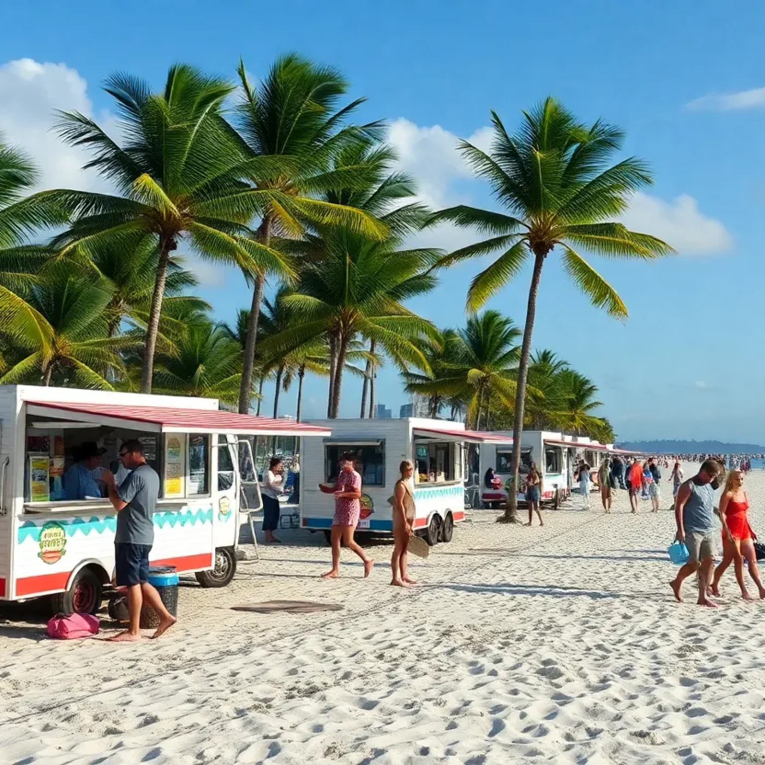 Crowd of tourists enjoying a sunny day at the beach in Florida, with food trucks in the background as part of the recovery efforts.