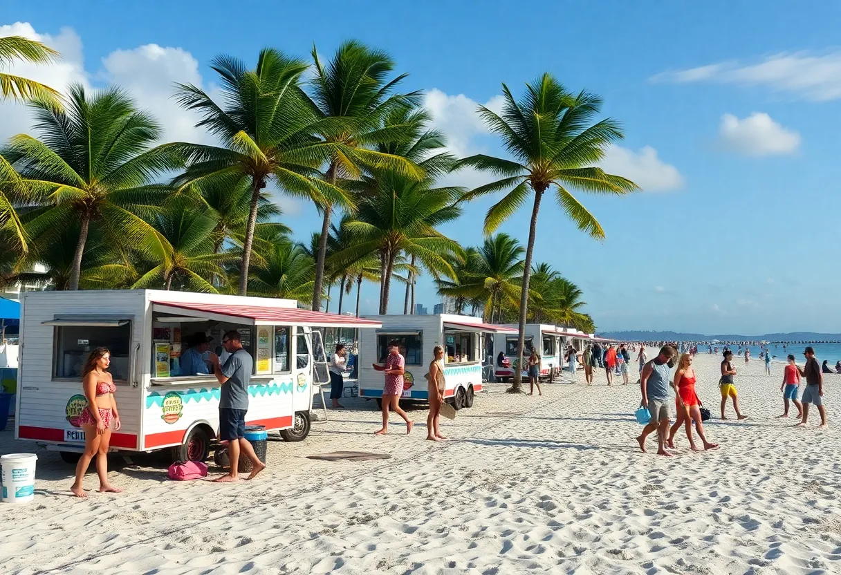 Crowd of tourists enjoying a sunny day at the beach in Florida, with food trucks in the background as part of the recovery efforts.