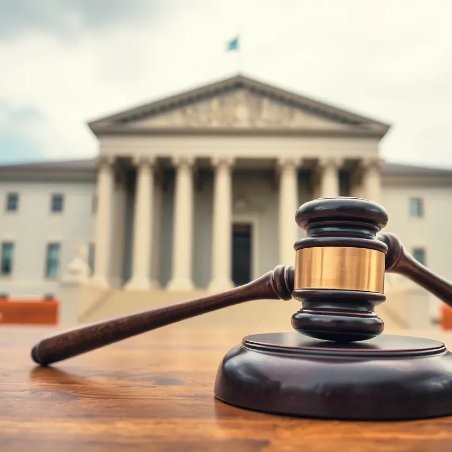 Judicial gavel on table with courthouse in background