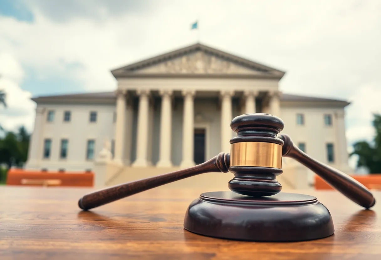 Judicial gavel on table with courthouse in background