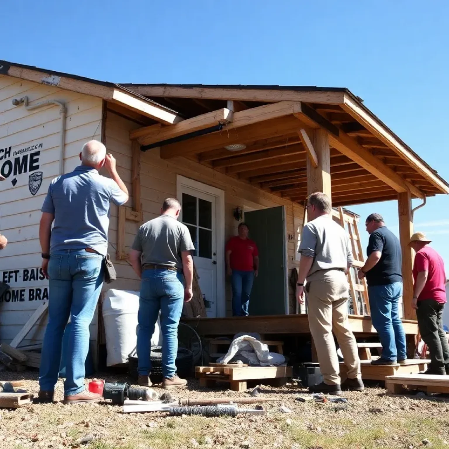 Volunteers repairing a storm-damaged home in St. Petersburg community.