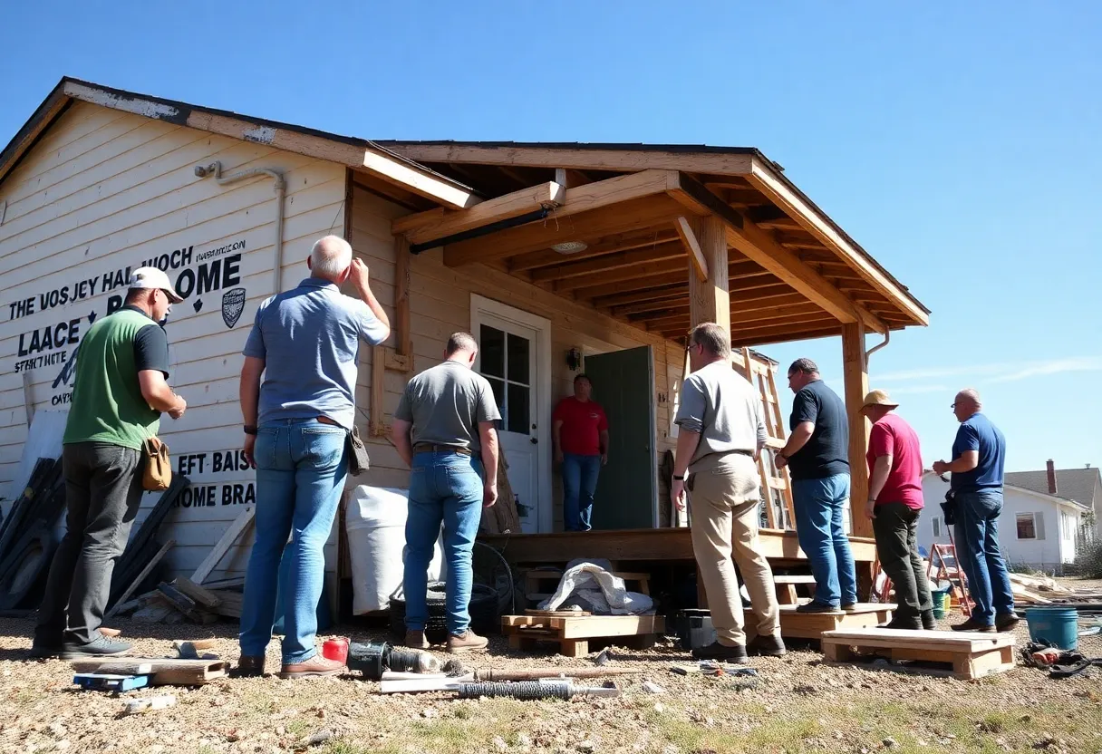 Volunteers repairing a storm-damaged home in St. Petersburg community.