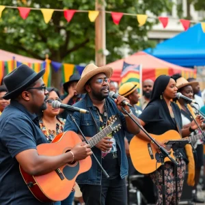 Crowd enjoying Juneteenth celebration with music and art displays in St. Petersburg