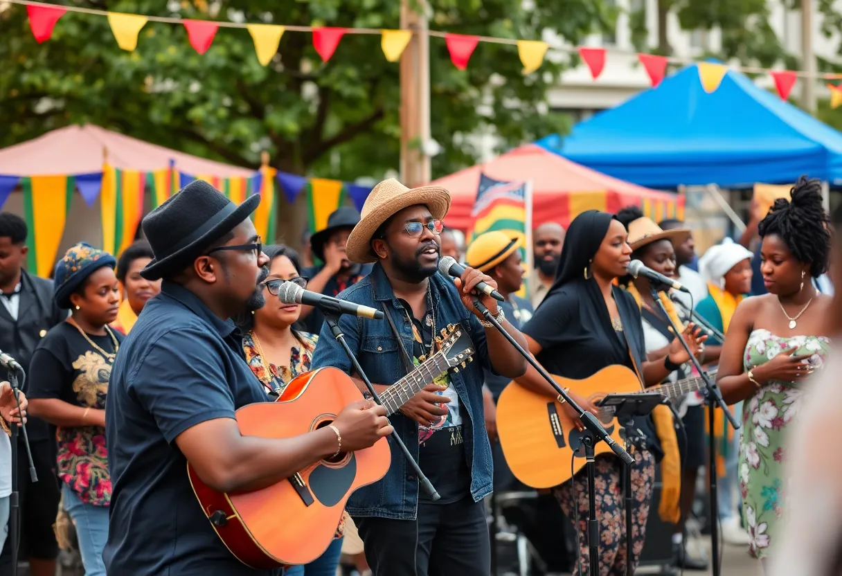 Crowd enjoying Juneteenth celebration with music and art displays in St. Petersburg