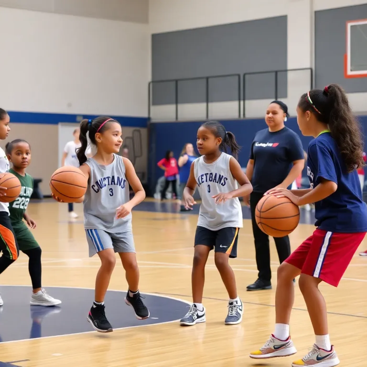 Young girls participating in a basketball clinic practicing skills