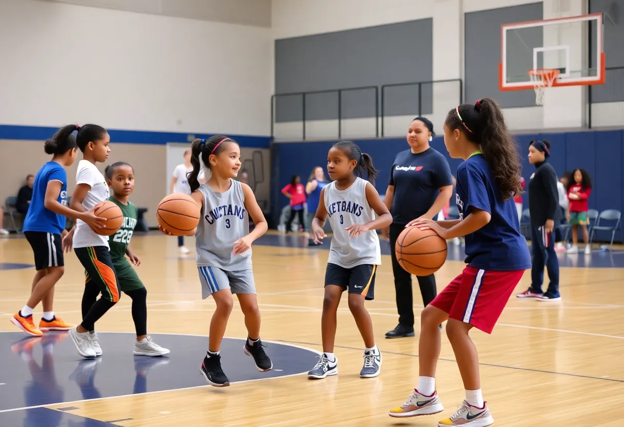 Young girls participating in a basketball clinic practicing skills