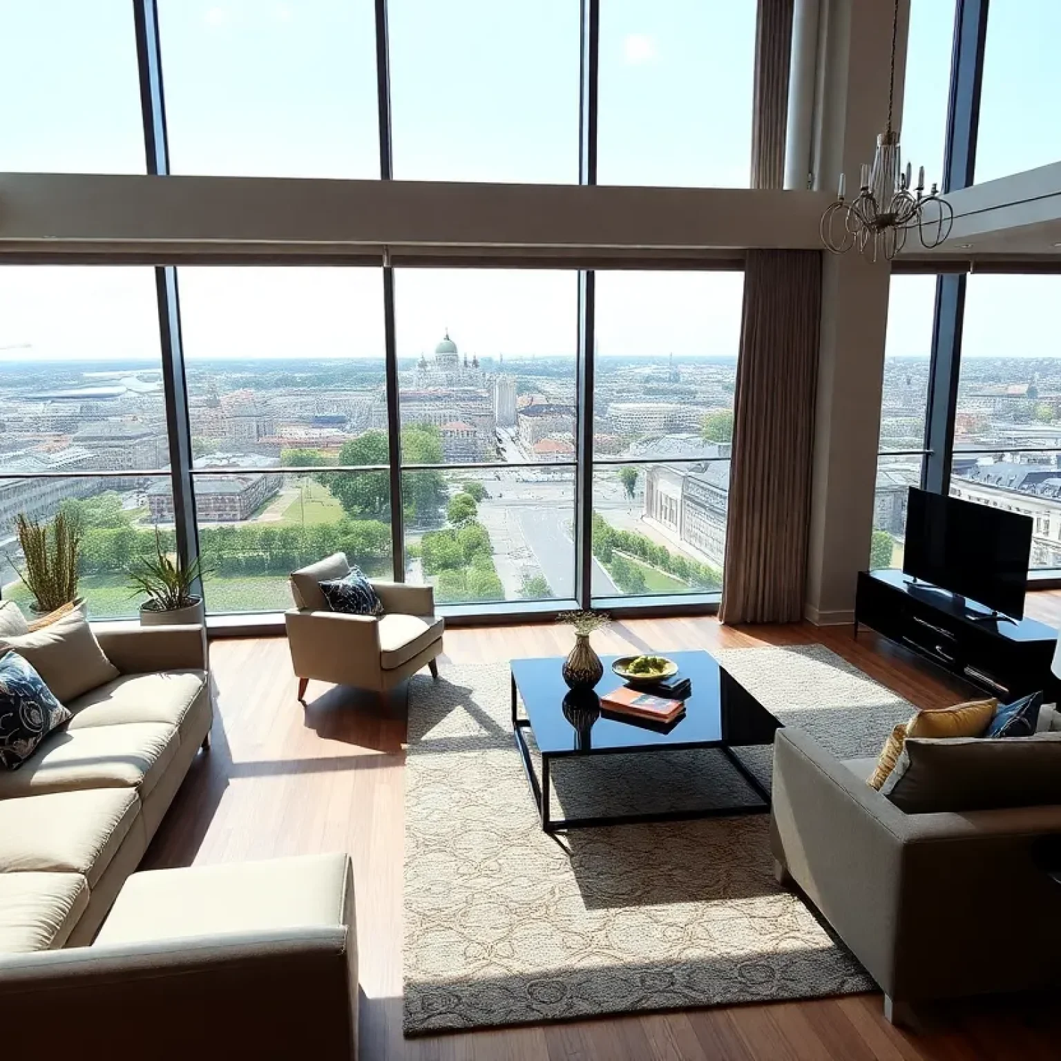 Living room in a luxury penthouse with views of St. Petersburg