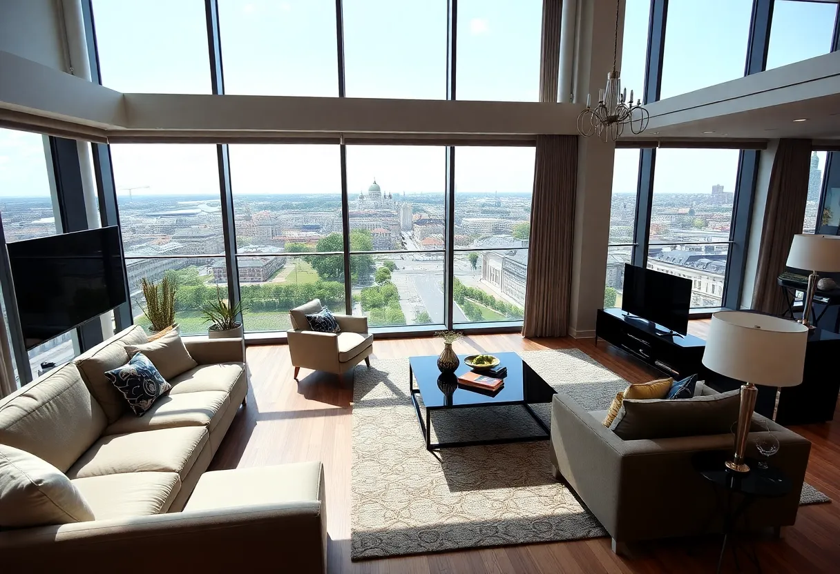 Living room in a luxury penthouse with views of St. Petersburg