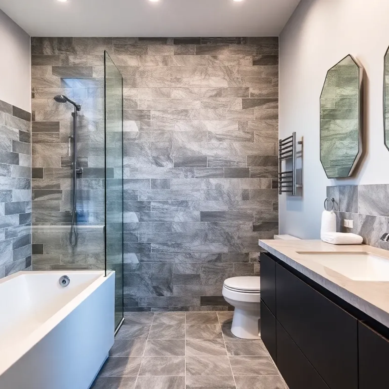 Stylish remodeled bathroom with modern fixtures and tiles