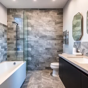 Stylish remodeled bathroom with modern fixtures and tiles