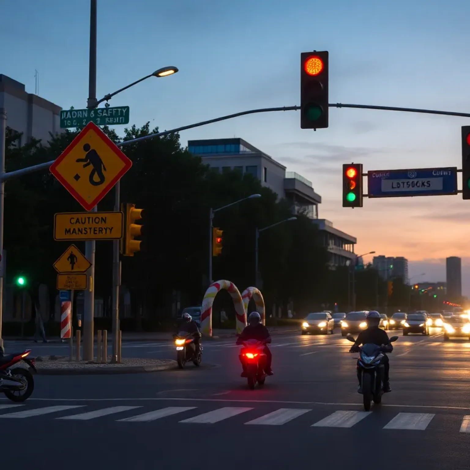 An urban intersection highlighting motorcycle safety measures.