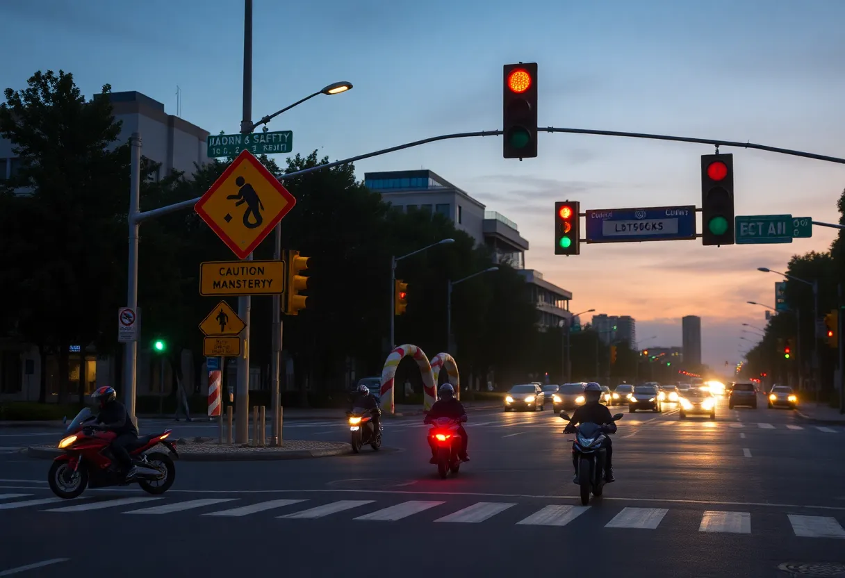 An urban intersection highlighting motorcycle safety measures.