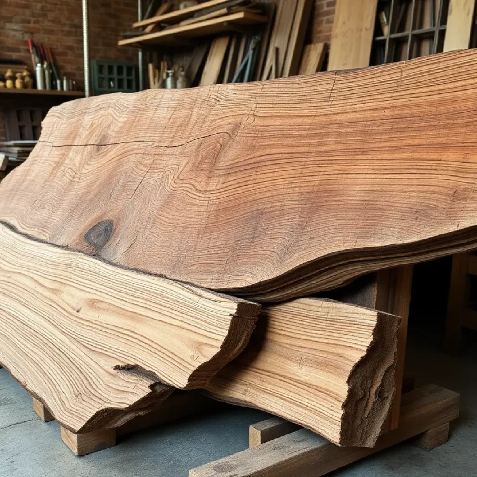 Workshop displaying reclaimed historical wood with tools