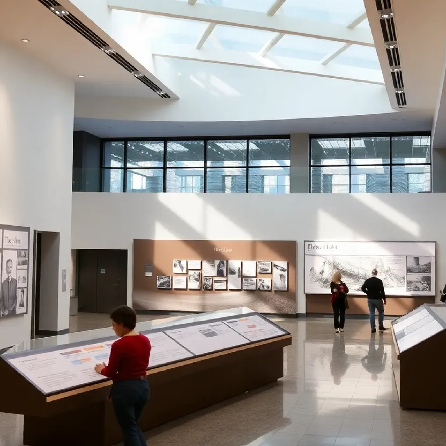 Interior of the Florida Holocaust Museum with modern exhibits and community gathering areas.