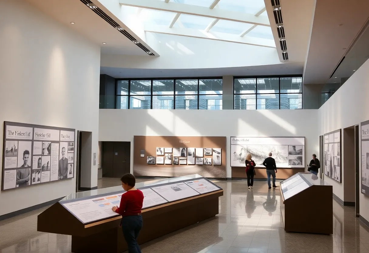 Interior of the Florida Holocaust Museum with modern exhibits and community gathering areas.