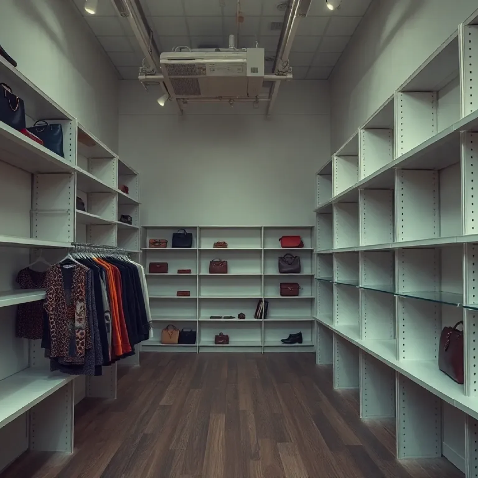 Empty interior of the Retreat Consignment shop with abandoned designer goods.