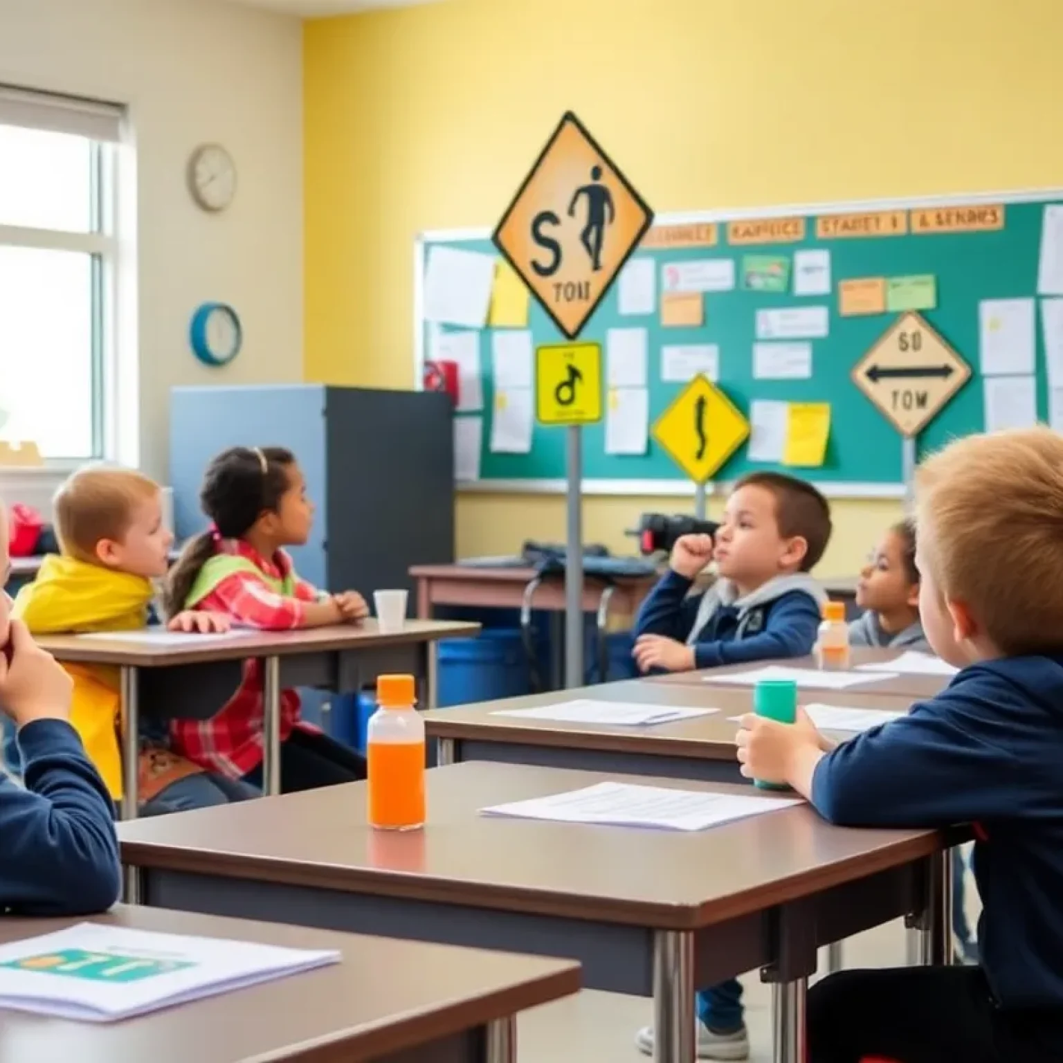 Students in a classroom learning about road safety