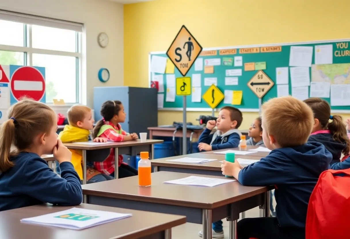 Students in a classroom learning about road safety