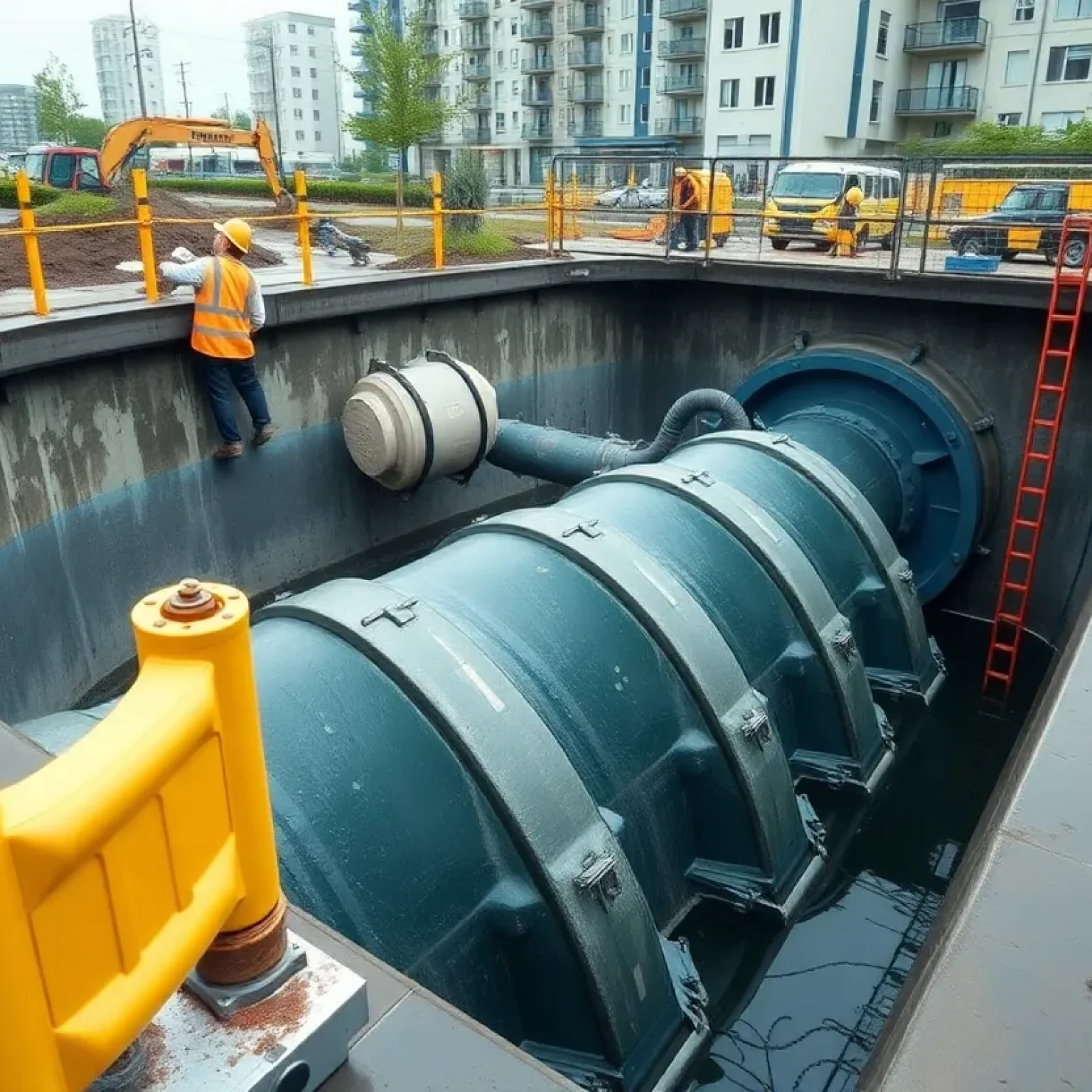 Construction workers at St. Petersburg sewage pump station upgrade