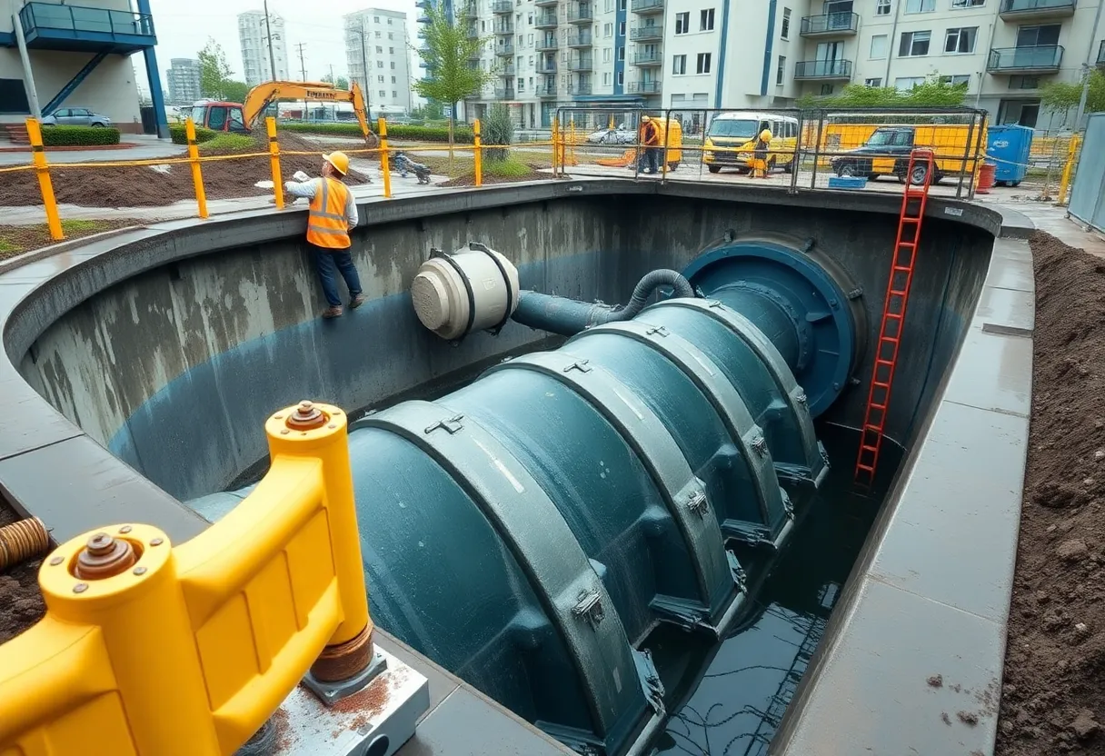 Construction workers at St. Petersburg sewage pump station upgrade