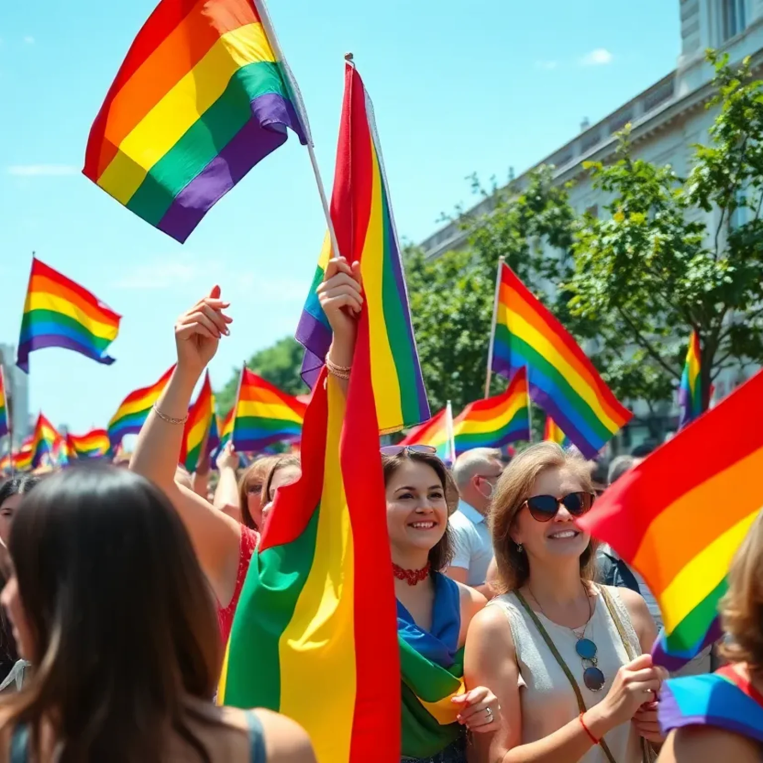 A crowd celebrating LGBTQ+ Pride with rainbow flags