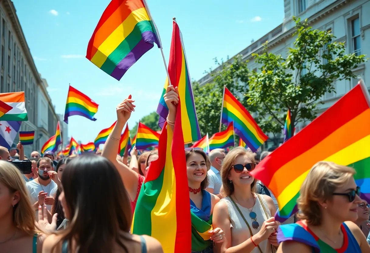 A crowd celebrating LGBTQ+ Pride with rainbow flags