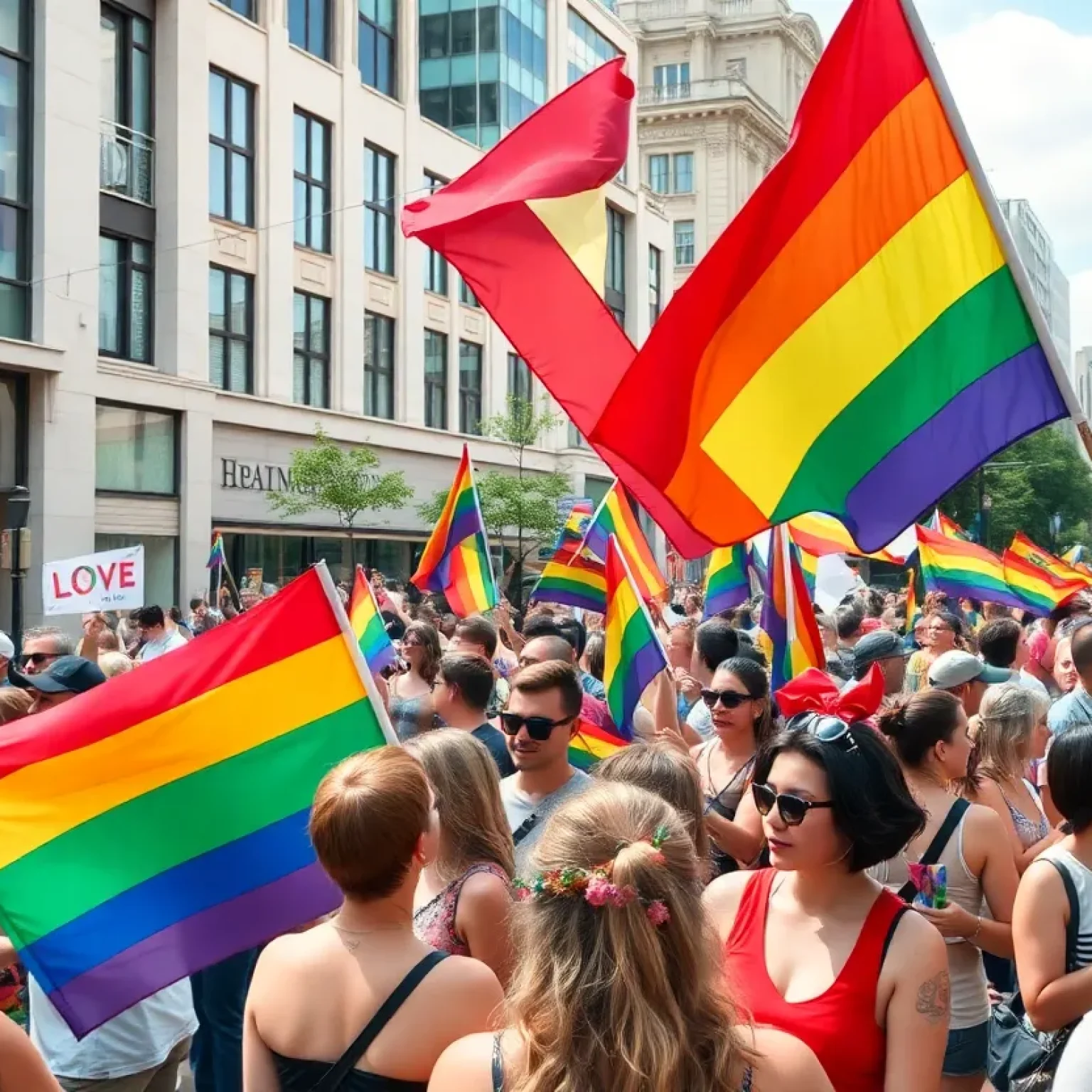 Crowd at the St. Pete Pride Festival with rainbow flags and festive atmosphere.