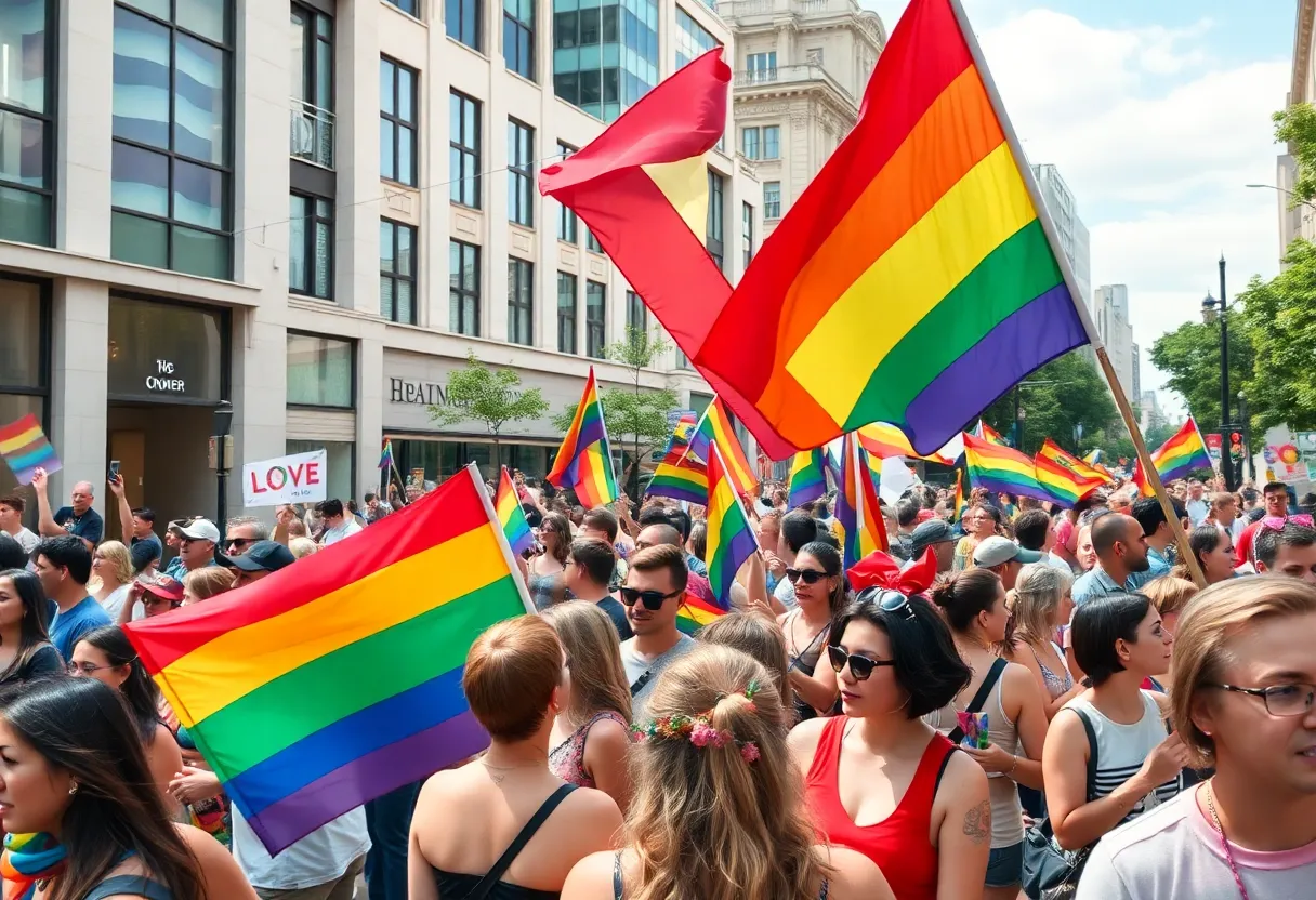 Crowd at the St. Pete Pride Festival with rainbow flags and festive atmosphere.
