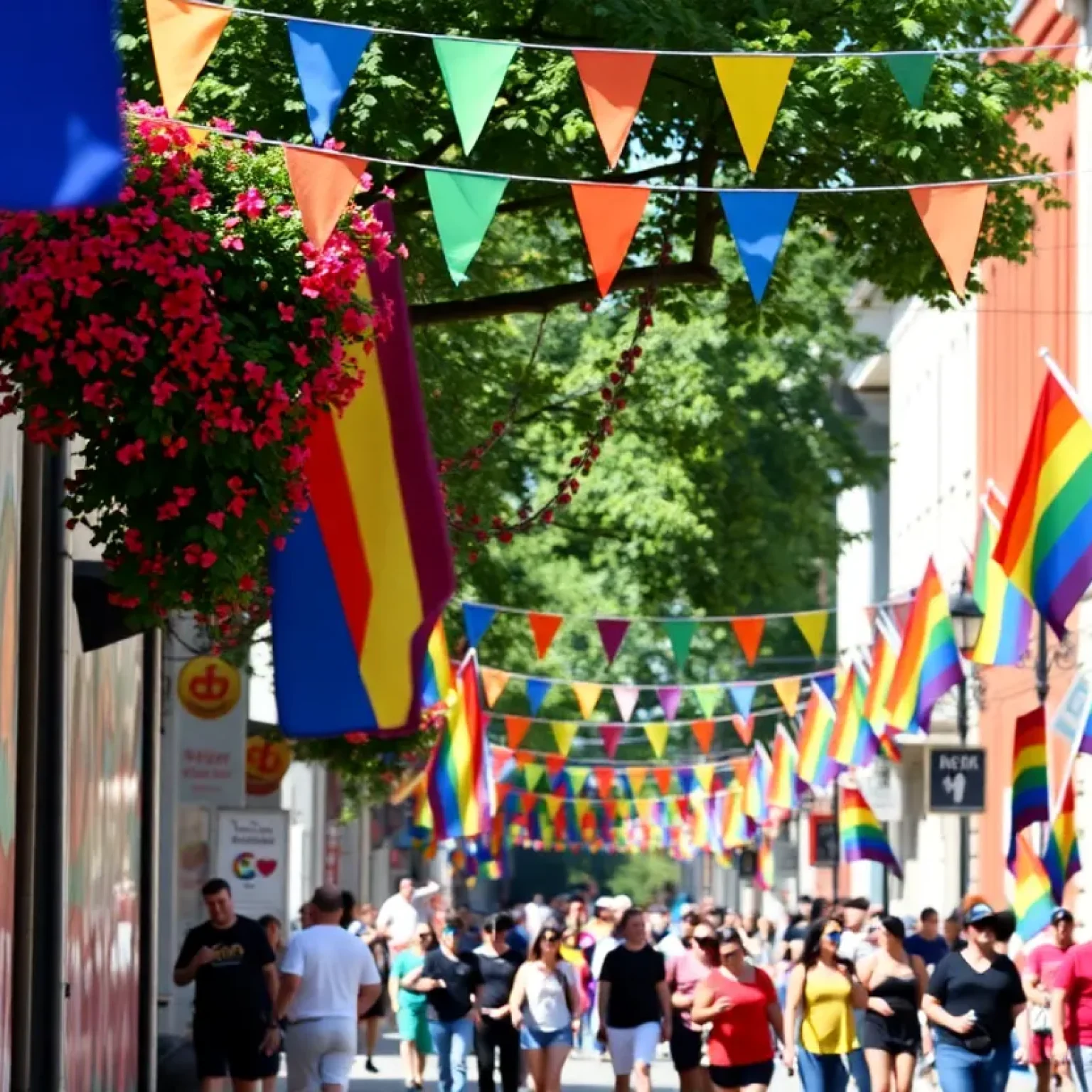 Celebration of St. Pete Pride with colorful decorations and community members enjoying the festivities.