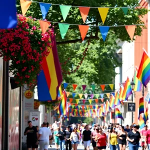Celebration of St. Pete Pride with colorful decorations and community members enjoying the festivities.