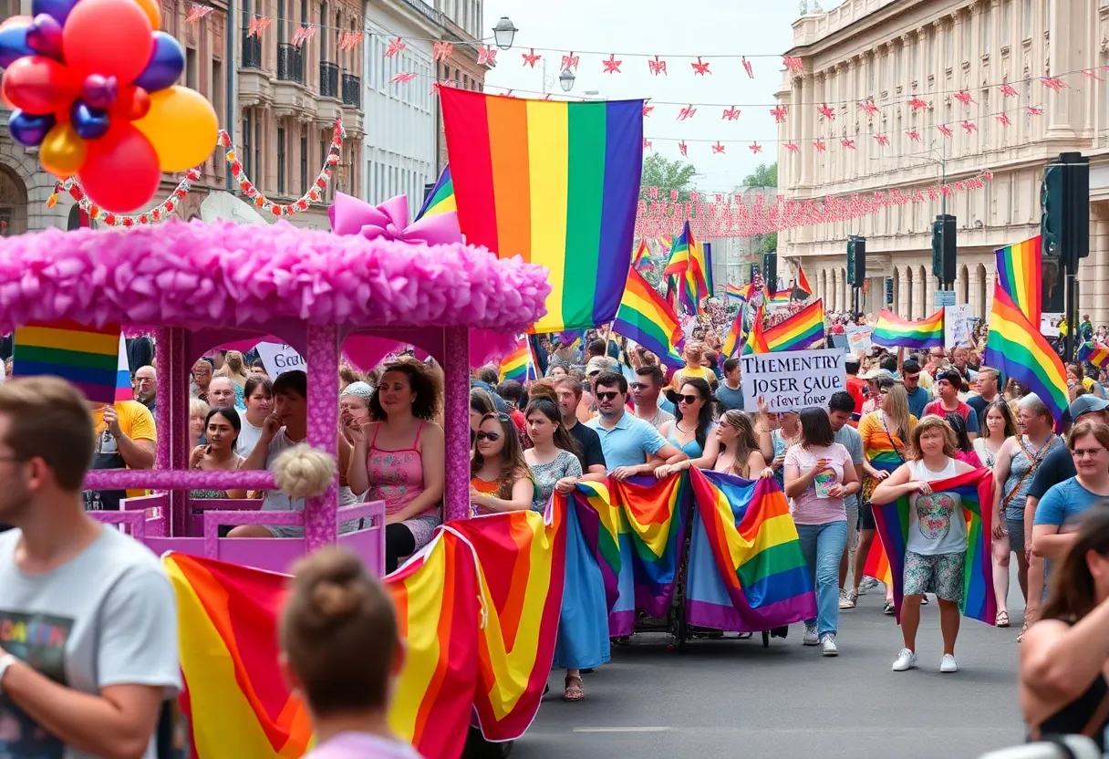 Colorful floats and attendees celebrating at St. Pete Pride Parade