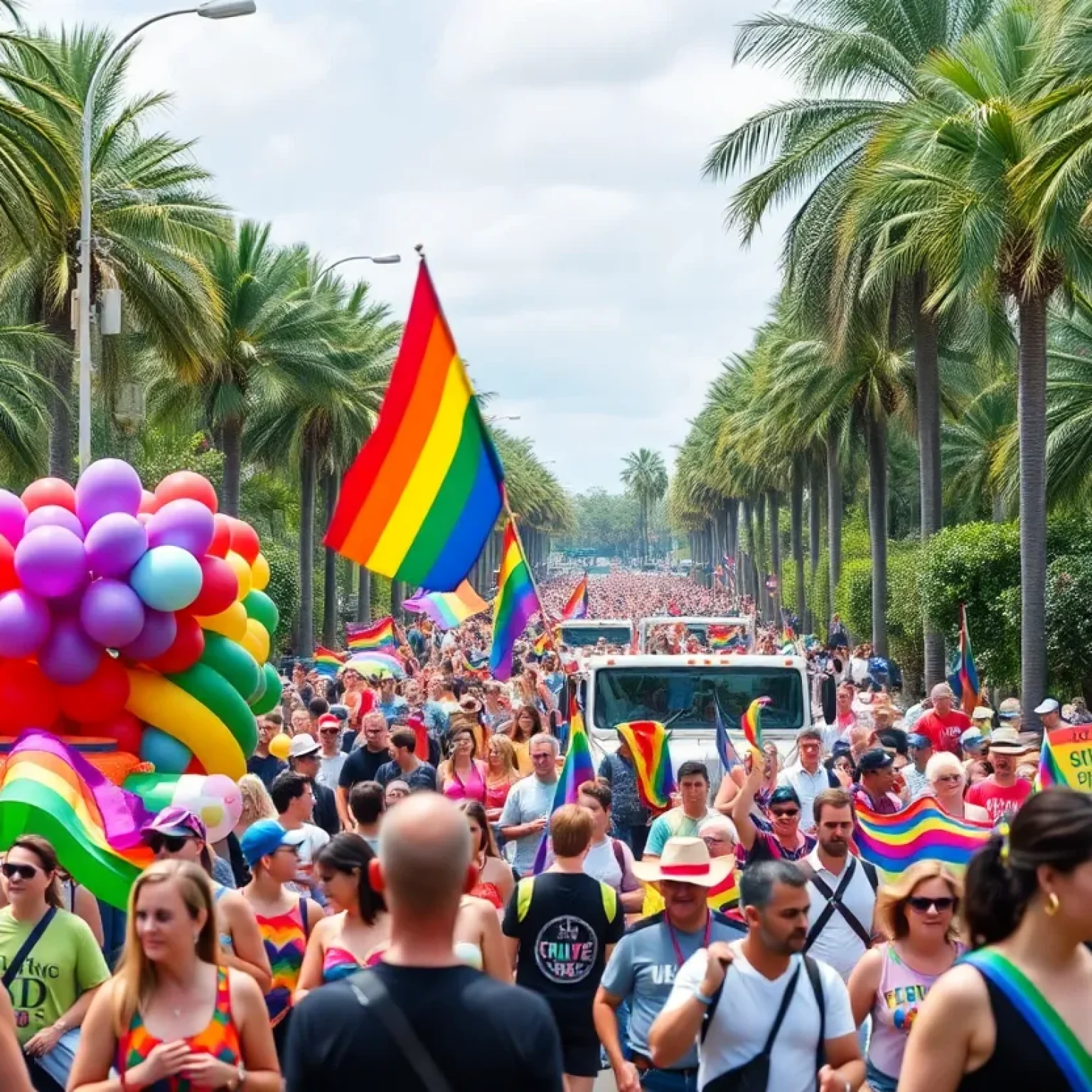 Participants celebrating at the St. Pete Pride Parade with colorful costumes and banners.