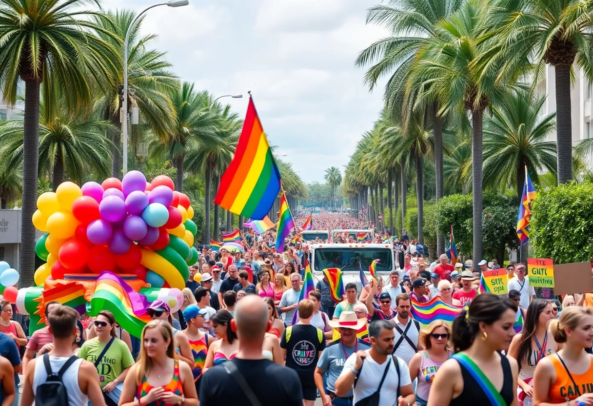 Participants celebrating at the St. Pete Pride Parade with colorful costumes and banners.