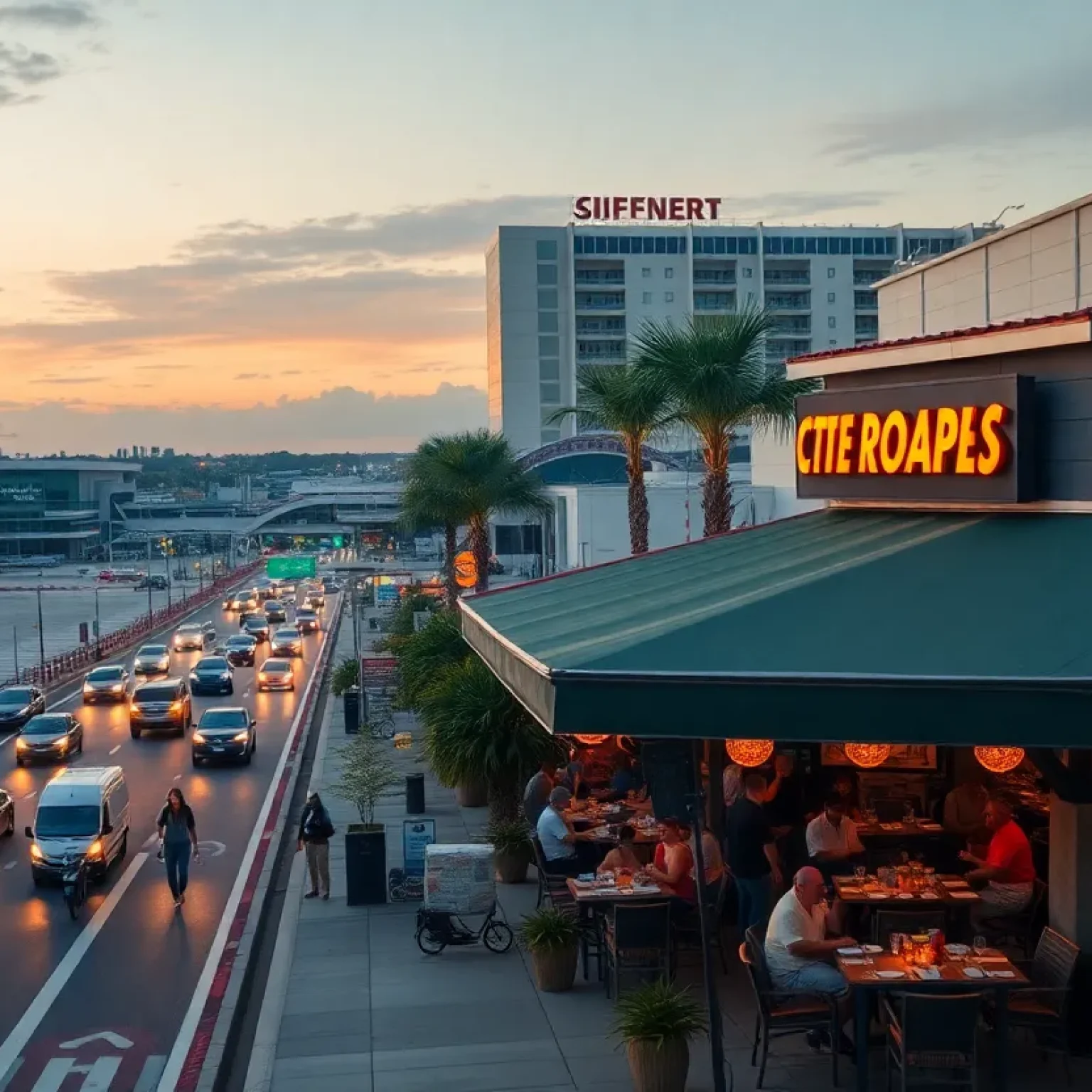 Cityscape of St. Petersburg Florida with busy airport and restaurants